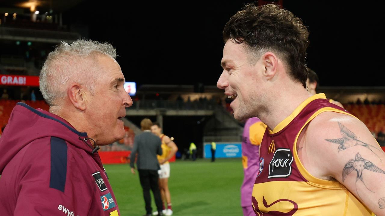 ’Nothing to see here’: The Lions say there are no concerns for Lachie Neale’s availability despite the star midfielder wearing a moon boot home from the qualifying final win over GWS. Picture: Dylan Burns / Getty Images