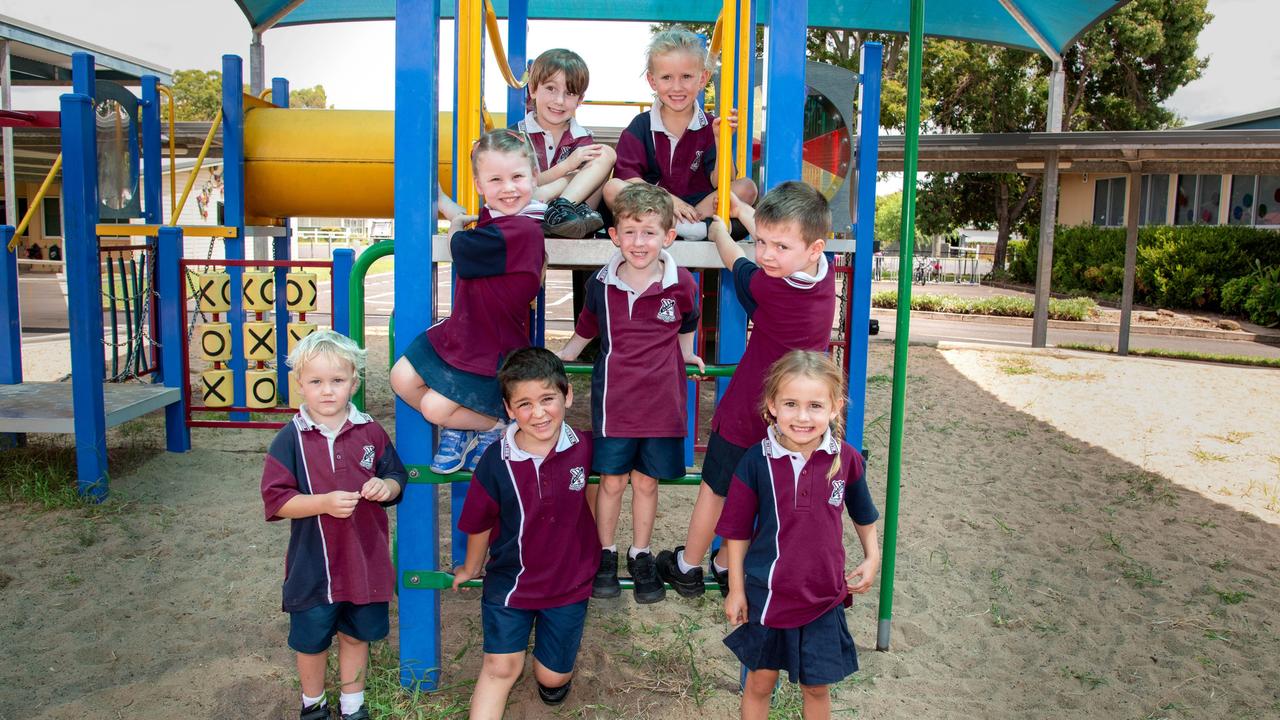 MY FIRST YEAR 2024: Allora State School Prep students (back) Fletcher and Mackenzie, (middle row, from left) Lily, Archie and Oscar and (front row, from left) Jake, Beau and Dekoda, February 2024. Picture: Bev Lacey