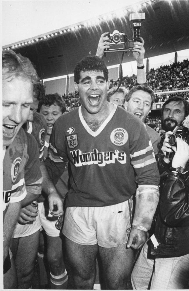 Mal Meninga and his team-mates on one of their many celebratory stops during their lap of honour.