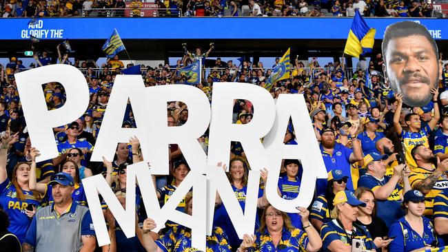 Parramatta Eels fans out in force during the elimination final againast the Brisbane Broncos at Bankwest Stadium.