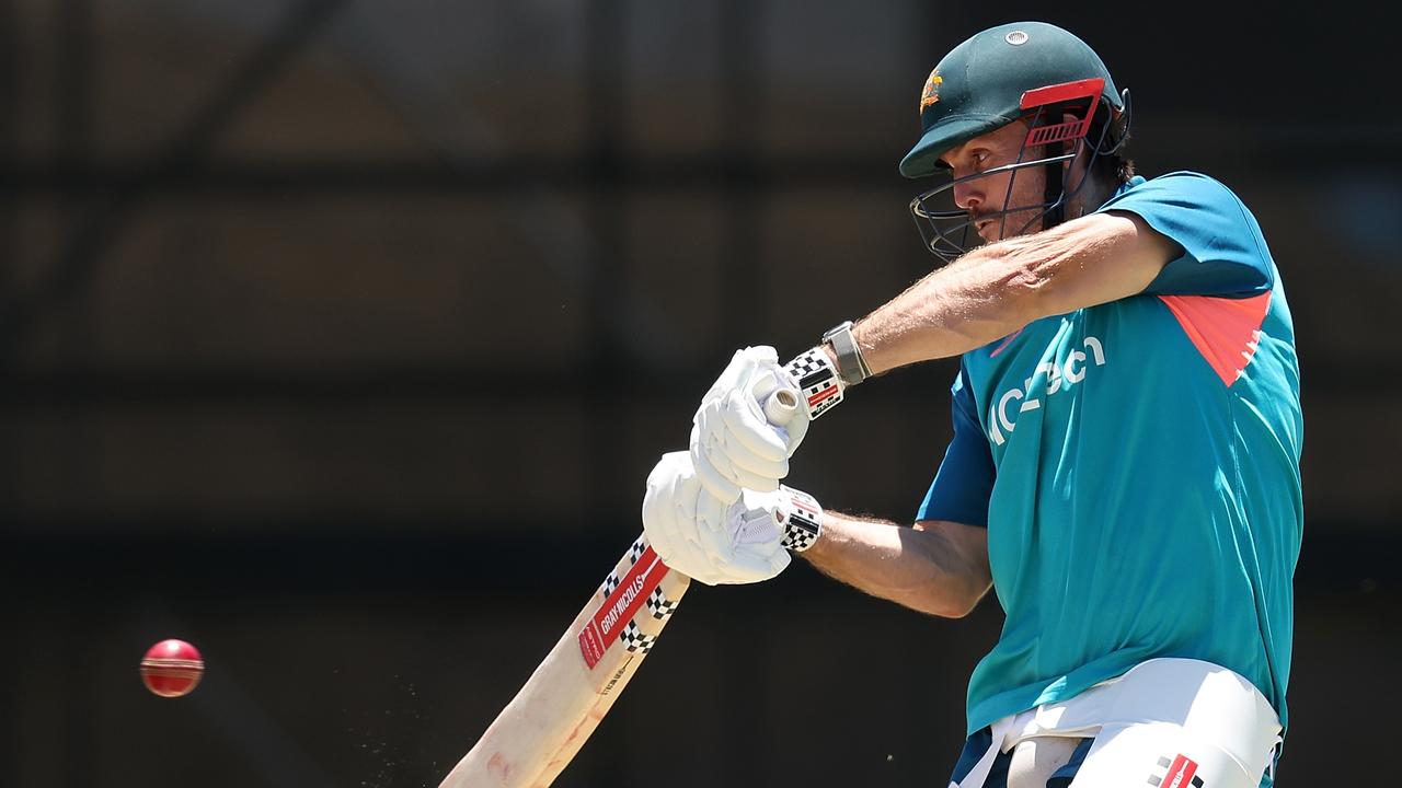 PERTH, AUSTRALIA – DECEMBER 10: Mitch Marsh bats during an Australian nets session the at the WACA on December 10, 2023 in Perth, Australia. (Photo by Paul Kane/Getty Images)
