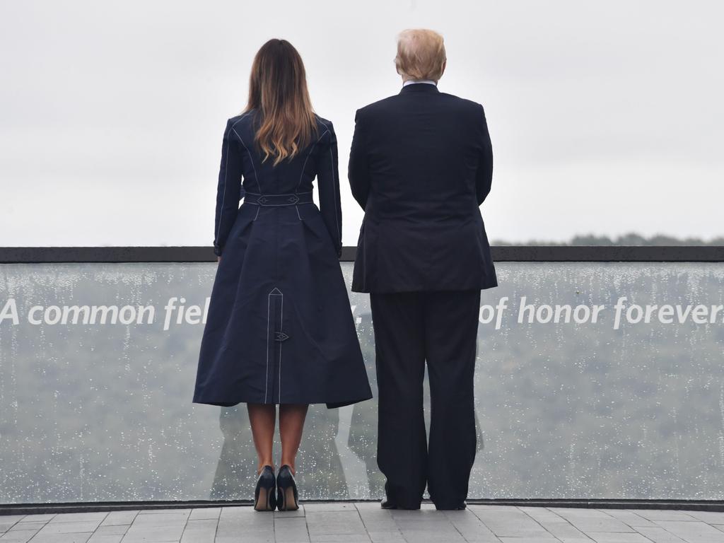 US President Donald Trump and First Lady Melania Trump arrive at the site of a new memorial where Flight 93 crashed during the September 11 attacks. Picture: AFP