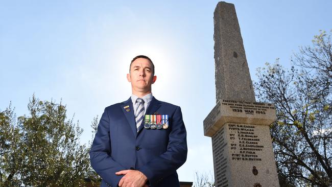 Ex-serviceman Glen Ferrarotto at the Eltham War Memorial cenotaph. Picture: Lawrence Pinder