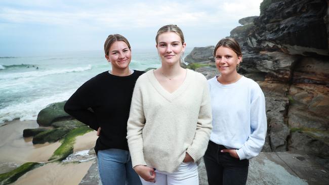 School-leavers Julie Perkins, 18, Grace Howarth, 19 and Emma Doyle, 19m had to abandon their planned European trip this year. Picture: John Feder