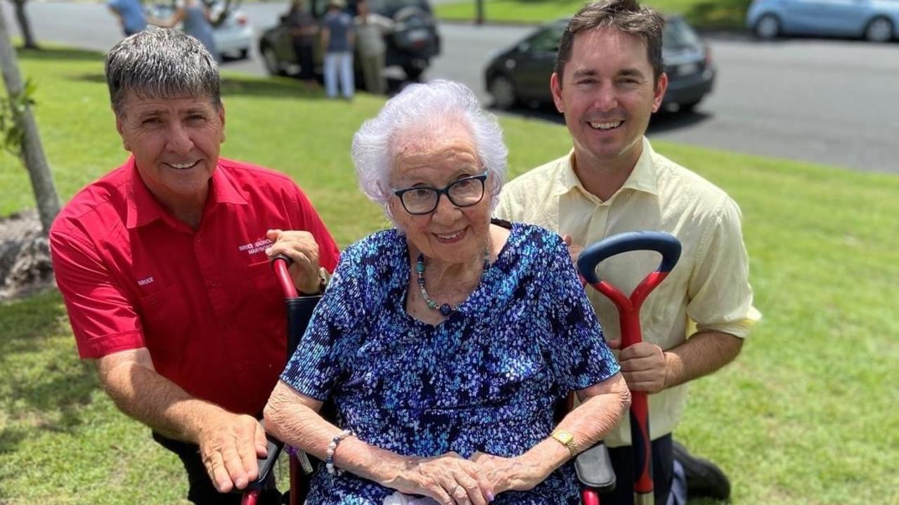 State member for Maryborough and Fraser Coast Mayor George Seymour with the birthday girl, Mildred Goldsmith.