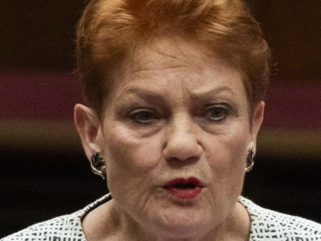 CANBERRA, AUSTRALIA, NewsWire Photos. JUNE 19, 2023: Senator Pauline Hanson during the Constitution Alteration (Aboriginal and Torres Strait Islander Voice) 2023 is voted on in the Senate at Parliament House in Canberra. Picture: NCA NewsWire / Martin Ollman