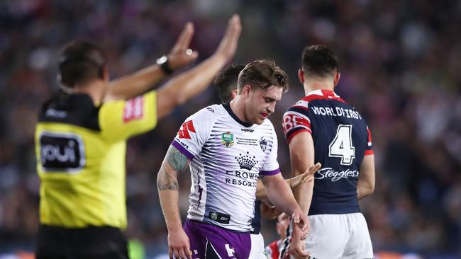 Cameron Munster of the Storm is sent to the sin bin during the 2018 NRL grand final.