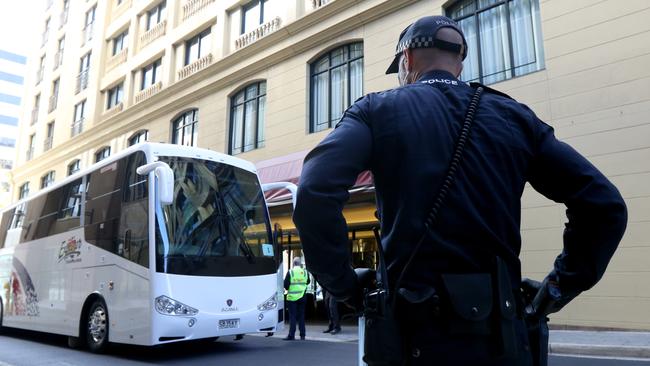 Passengers arrive at the Playford Hotel to start a 14 days of quarantine after arriving in Adelaide on a mercy flight from Mumbai in April. Picture: Kelly Barnes