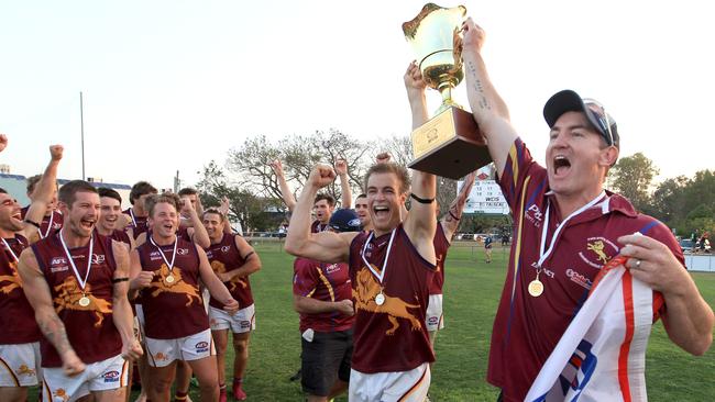 2013 SEQAFL Div 1 grand final, Springwood v Palm Beach-Currumbin. PBC player Angus Munro and Coach Daryn Cresswell.
