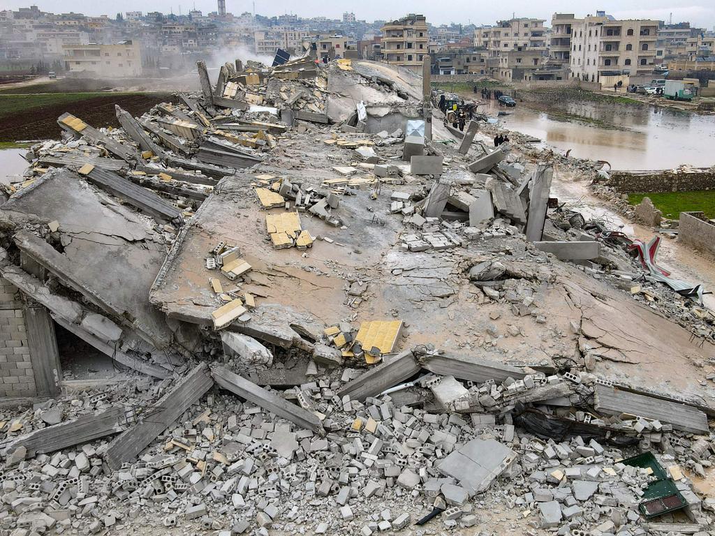 The rubble of collapsed buildings in the town of Sarmada in the countryside of the northwestern Syrian Idlib province. Picture: AFP