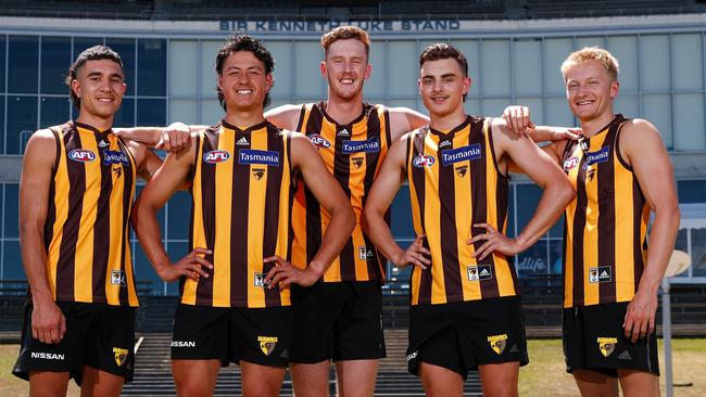 MELBOURNE, AUSTRALIA – DECEMBER 14: 2020 Hawthorn draftee Tyler Brockman, Connor Downie, Denver Grainger-Barras, Seamus Mitchell and Jack Saunders pose for a photograph during a Hawthorn Hawks AFL media opportunity at Waverley Park on December 14, 2020 in Melbourne, Australia. (Photo by Michael Willson/AFL Photos via Getty Images)