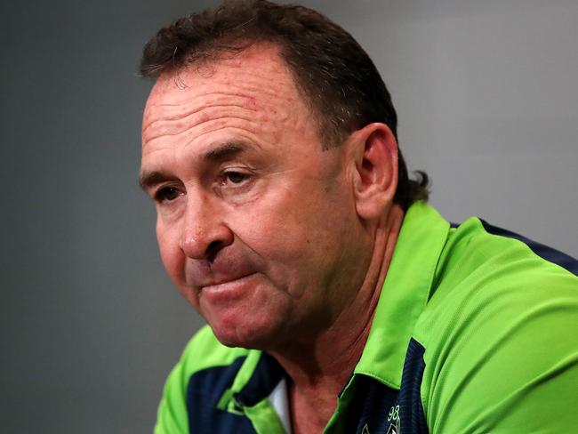 BRISBANE, AUSTRALIA - OCTOBER 16: Raiders Coach Ricky Stuart speaks to the media after the NRL Preliminary Final match between the Melbourne Storm and the Canberra Raiders at Suncorp Stadium on October 16, 2020 in Brisbane, Australia. (Photo by Jono Searle/Getty Images)