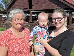 SALE DAY: Former dairy farmer Sandra Kenman was enjoying time with her daughter Lara and grandson Vegas at yesterday's pig and calf sales. Picture: Nicole Zurcas