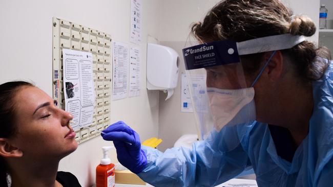 A woman being tested for Coronavirus (COVID-19) at St Vincent's Hospital in Sydney.