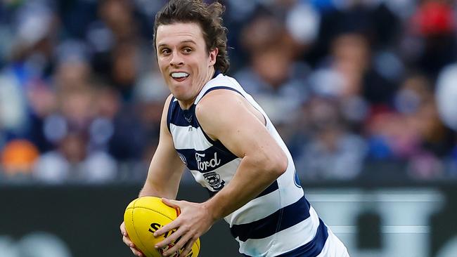 Max Holmes was on the end of a perfect pass from Jeremy Cameron to kick a goal. Picture: Dylan Burns/AFL Photos via Getty Images