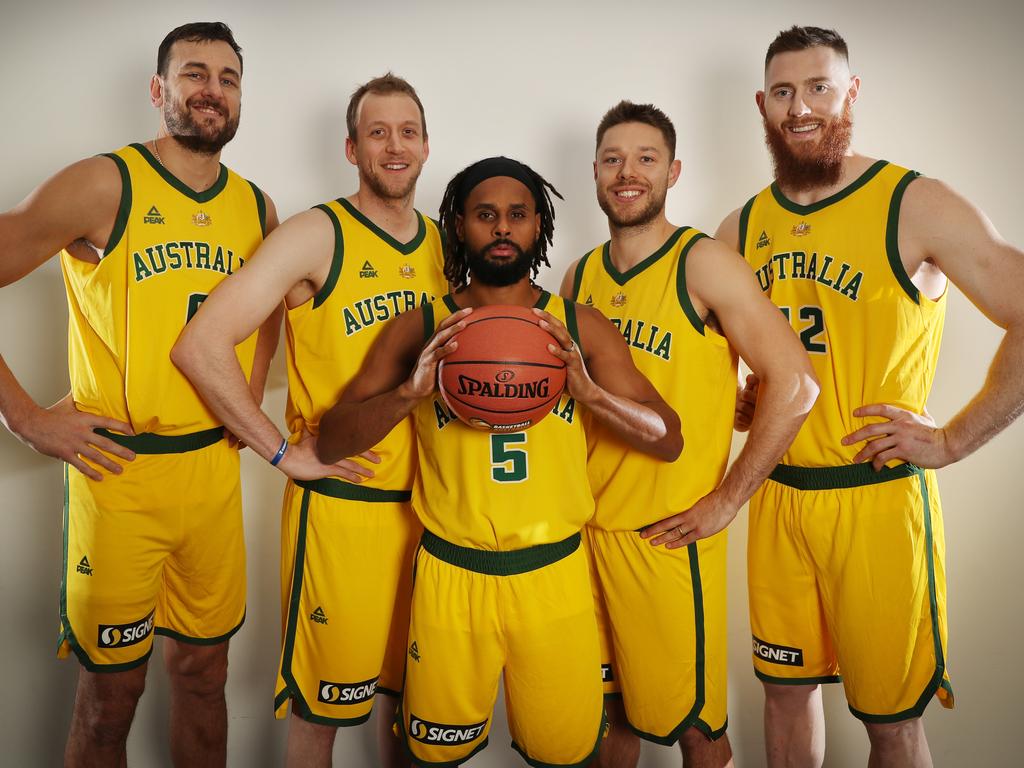 Aron Baynes is currently in Australia playing for the Boomers with Andrew Bogut, Joe Ingles, Patty Mills and Matthew Dellavedova. Picture: Alex Coppel