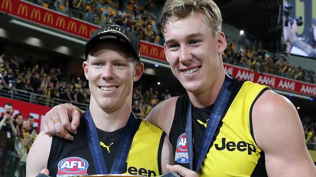 Richmond’s Jack Riewoldt and Tom Lynch with the cup. Picture: Sarah Reed