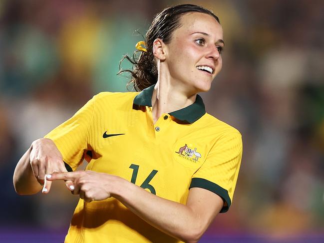 GOSFORD, AUSTRALIA - NOVEMBER 15: Haley Raso of the Matildas celebrates scoring a goal during the International Friendly match between the Australia Matildas and Thailand at Central Coast Stadium on November 15, 2022 in Gosford, Australia. (Photo by Matt King/Getty Images)