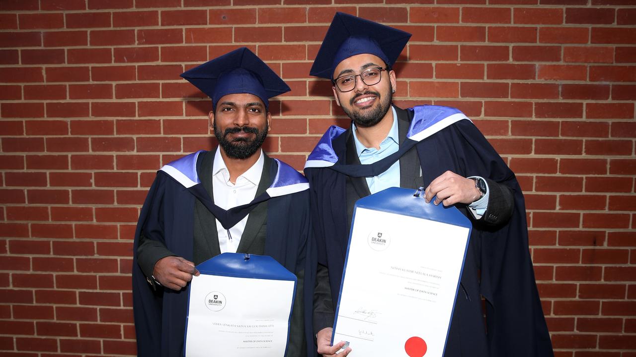 Nitish Neelala and Goutham Atti at Deakin University post-graduation celebrations on Friday afternoon. Picture: Alan Barber