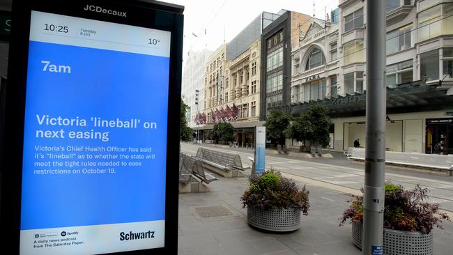 A deserted Bourke Street Mall in Melbourne is evidence that the ‘… cost of elimination as a goal in the absence of a vaccine is too great’, Picture: NCA NewsWire/Andrew Henshaw