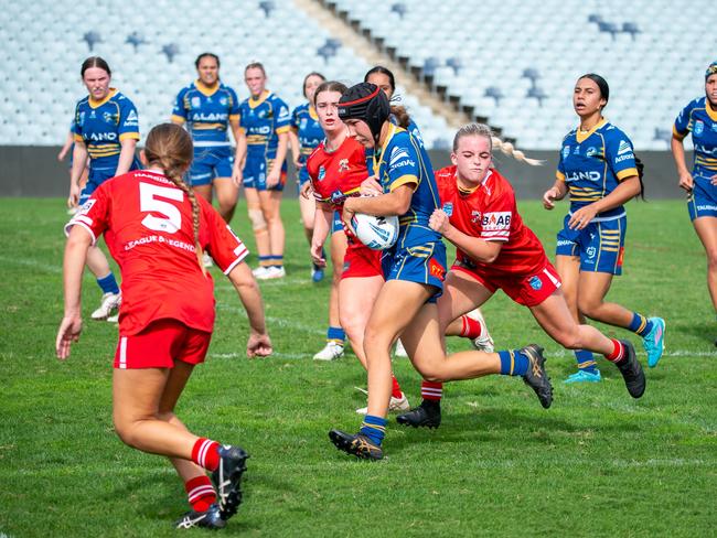 Parramatta's Caitlin Peadon tries to get through a tackle. Picture: Thomas Lisson