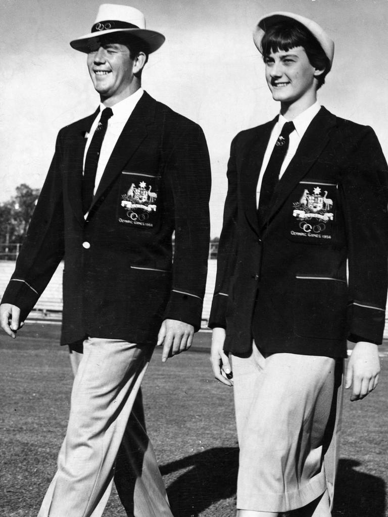 Barry Donath and Faith Leech model the walking-out outfit for the Opening ceremony at the 1956 Olympic Games in Melbourne