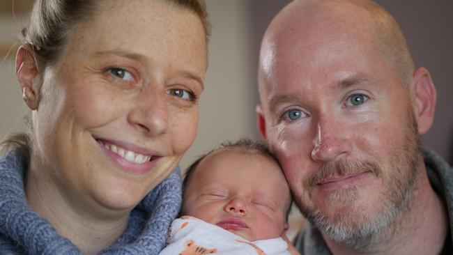 Mollie and Andrew Tregillis with baby Arthur, who was born at The Royal Women's Hospital during the COVID-19 pandemic.