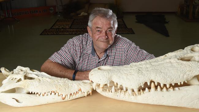 Professor Grahame Webb with the skull of a 5.5 meter monster crocodile - compared with a 3.3 meter crocodile skull at Crocodylus Park.