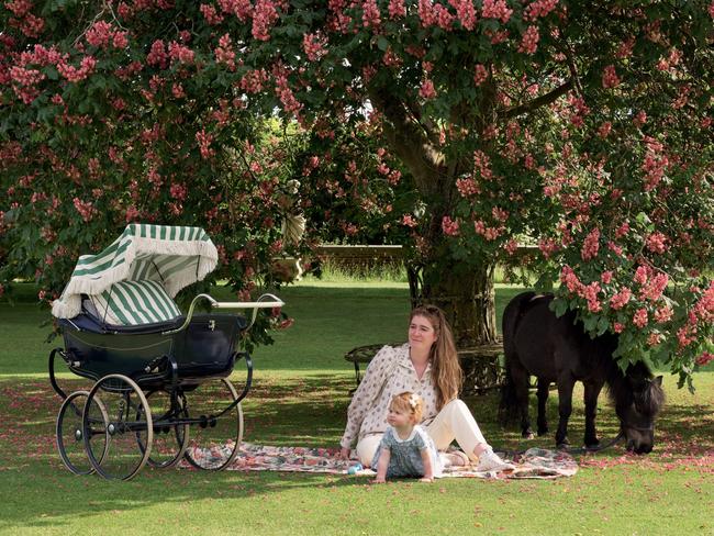 EMBARGO FOR WISH MAGAZINE, 06 JUNE 2025. FEE MAY APPLY. Family matters Wallpaper and fabric designer Flora Soames at home in the English countryside with her daughter, Lily Hope. Photo:  Simon Upton