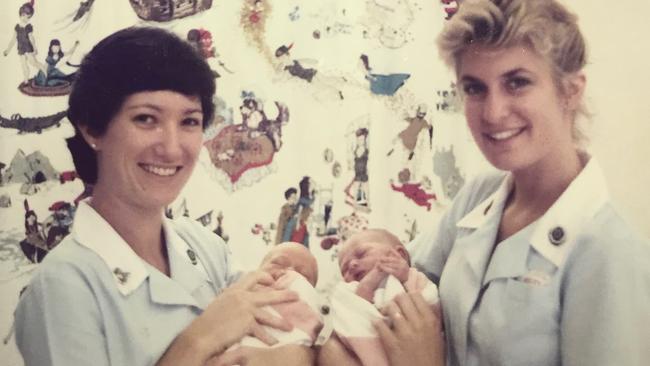 Twin girls Tamara and Sally Steensen with the student midwives Tamara Benedict and Sally West at Redcliife Hospital 33 years ago. Picture: Supplied