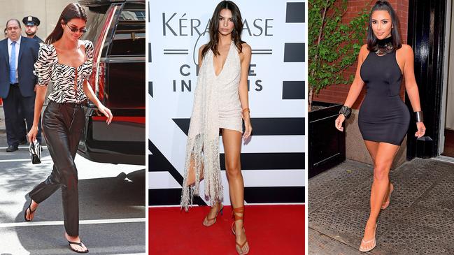 Not flip flops! The high-heeled thong is back as seen on Kendall Jenner, Emily Ratajkowski and Kim Kardashian. Pictures: Splash/Getty Images