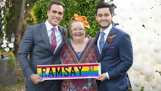 Another first for the iconic soap was when Takaya Honda’s David Tanaka and Matt Wilson’s Aaron Brennan were married by Magda Szubanski’s wedding celebrant Jemima Davies-Smythe. Picture: Ten