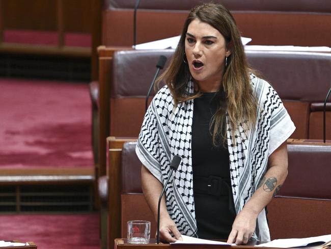 Lidia Thorpe wears a Palestinian scarf in parliament. Picture: Martin Oldman