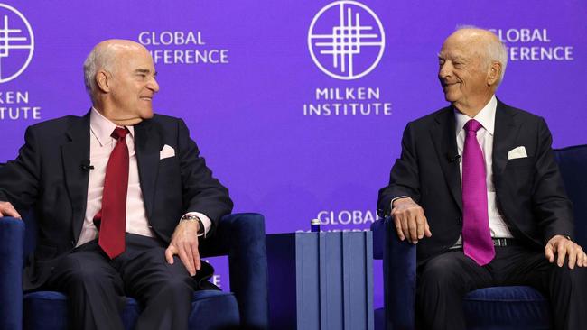 KKR co-founders Henry Kravis and George Roberts speak at the 28th annual Milken Institute Global Conference. Picture: AFP