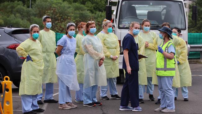 Medical personnel are seen at a pop-up COVID-19 testing clinic at the Royal Prince Alfred Hospital in Sydney's inner-west yesterday. Picture: NCA NewsWire / Nicholas Eagar