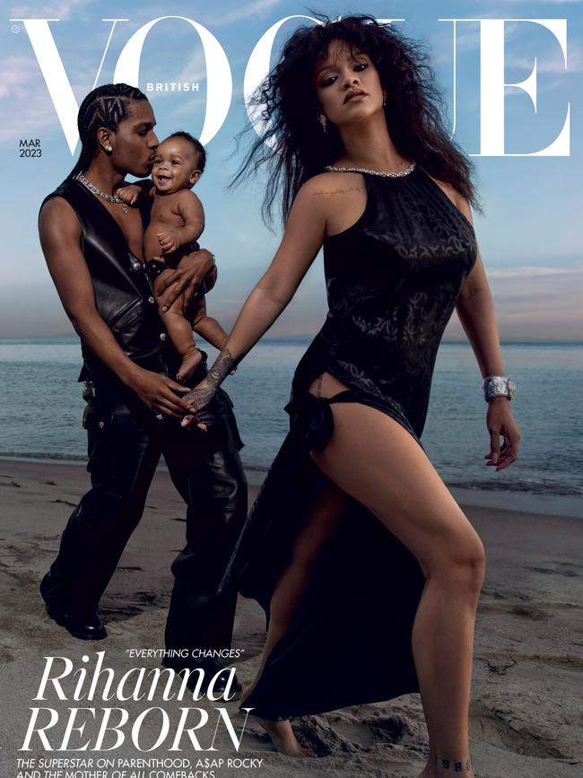 Rihanna graces the cover of British Vogue with A$AP Rocky and their son. Picture: Inez &amp; Vinoodh/Vogue