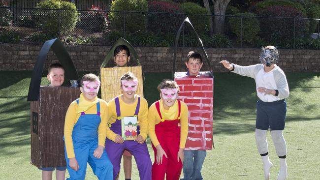 Dressing up as characters from the Three Little Pigs are (back row, left to right) Jake James, Daniel Matoki, Joe Logan, Will Tzannes and (front row left to right) Charc Franey, Cooper Head and Ben Constable.