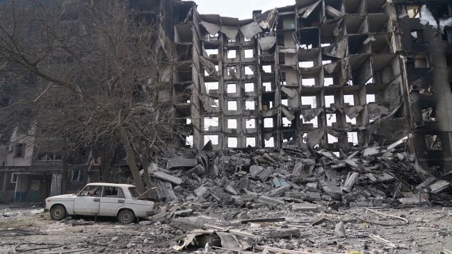 Buildings collapsing as civilians are being evacuated from the besieged Ukrainian city of Mariupol. Picture: Getty Images