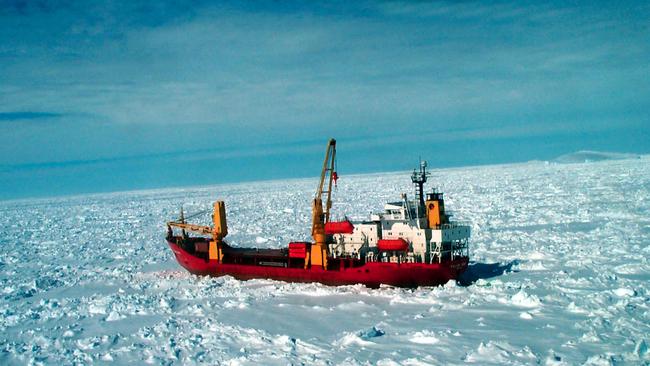 Antarctica. December 27, 2001. A band of 65 Australians beset in pack ice aboard Antarctic supply ship Polar Bird raided beer stocks bound for Mawson station to quench their thirst at Christmas. The crew are locked in by heavy pack ice about 500km from mawson station, the ship may need to be rescued by icebreaker Aurora Australia which is six days sailing time away. (AAP Image/Jamie Downs)