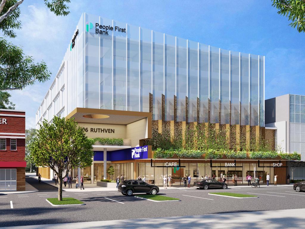 A mock up the new People First Bank headquarters that will be built at 504 Ruthven Street, in downtown Toowoomba.