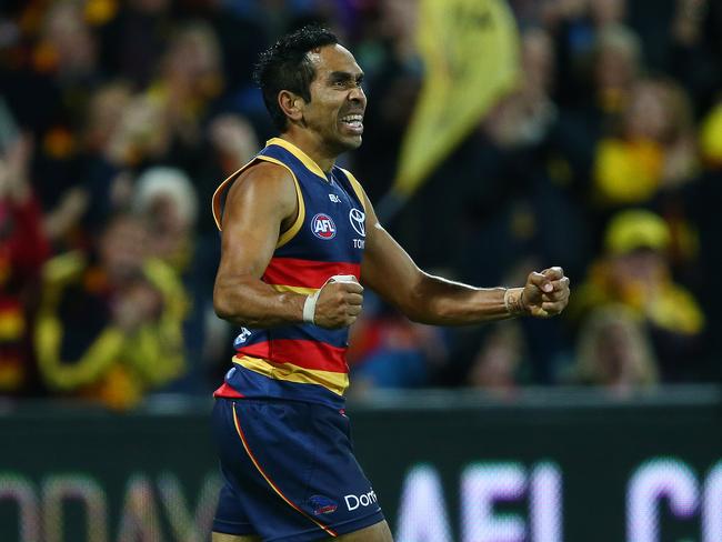 Eddie Betts celebrates his game-winning goal. Picture: Sarah Reed