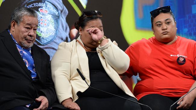 The father, sister and cousin of Ikenasio Tuivasa front the media at Victoria Police headquarters. Picture: Andrew Henshaw