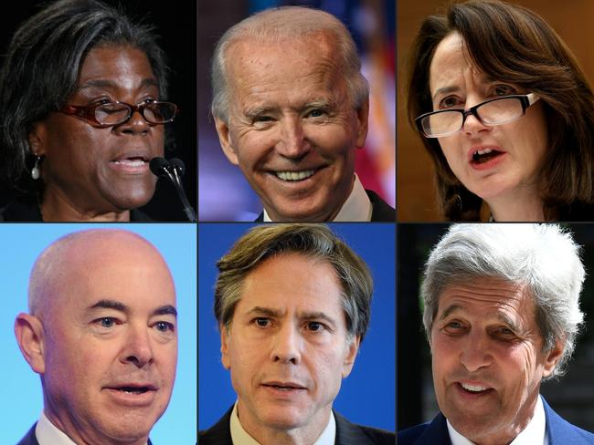 Left to right: New US Ambassador to the United Nations, Linda Thomas-Greenfield; Joe Biden; Avril Haines, new director of national intelligence; Alejandro Mayorkas is new Homeland Security secretary; Antony Blinken becomes Secretary of State; and John Kerry will serve as climate change envoy.