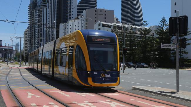 A tram pulling into the Broadbeach station. Picture: Mike Batterham