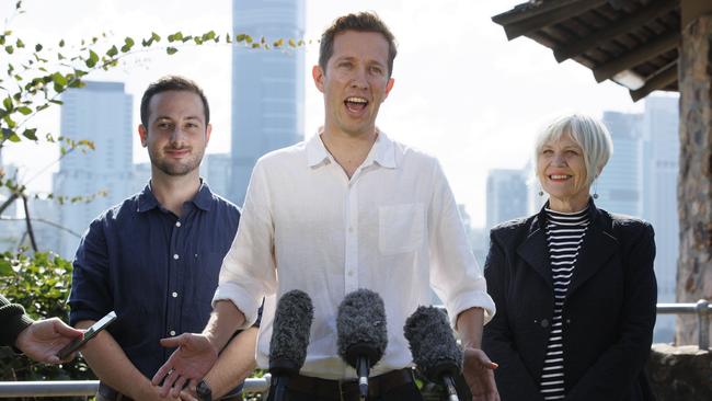 Federal Greens MPÃ&#149;s Stephen Bates, Max Chandler-Mather and Elizabeth Watson-Brown at Kangaroo Point. Picture Lachie Millard