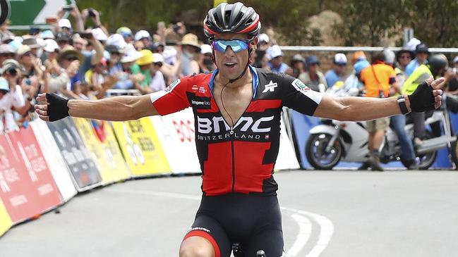 CYCLING - Tour Down Under - Stage 6 - McLaren Vale to Willunga. Richie Porte, BMC crosses the finish line winning the Stage. Picture Sarah Reed