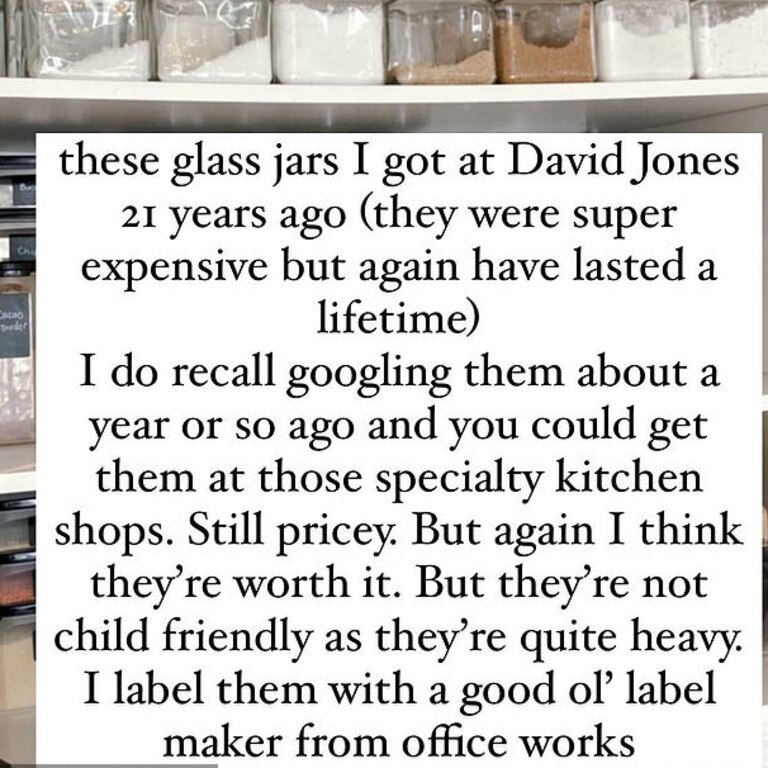 She bought her glass jars 21 years ago, adding that while they’re ‘pricey’, they’re ‘worth it’. But she did say they’re not child friendly due to being ‘quite heavy’. Picture: Instagram/sallyobermeder