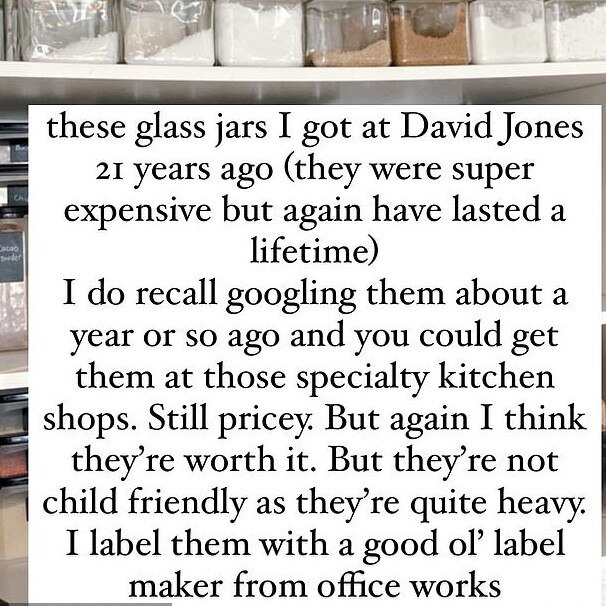 She bought her glass jars 21 years ago, adding that while they’re ‘pricey’, they’re ‘worth it’. But she did say they’re not child friendly due to being ‘quite heavy’. Picture: Instagram/sallyobermeder