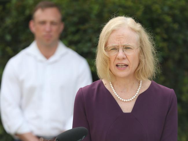 Chief Health Officer Dr Jeannette Young holding a press conference at Redlands Hospital. Pic Peter Wallis