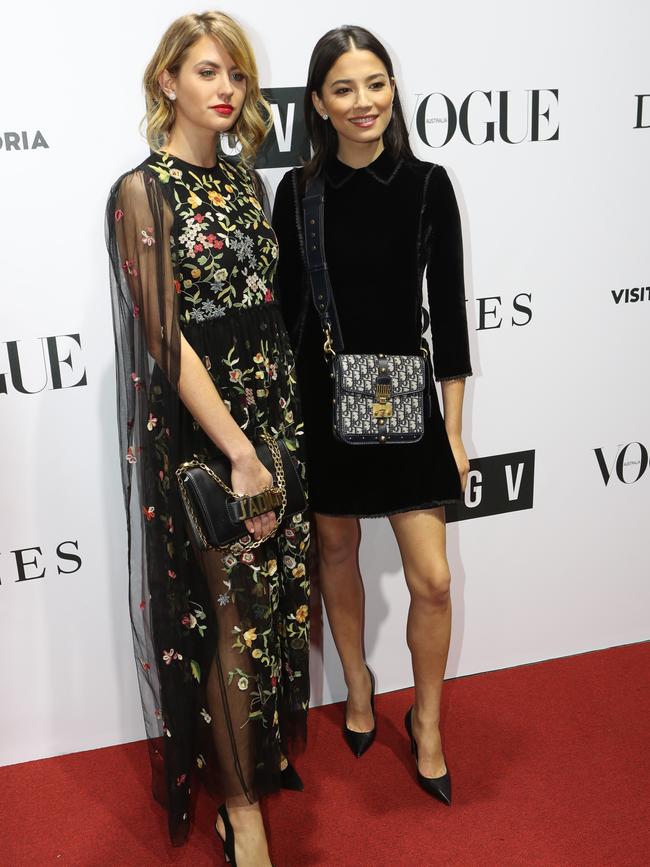 Jesinta Franklin and Jessica Gomes on the red carpet before the Dior gala. Picture: AAP Image/David Crosling